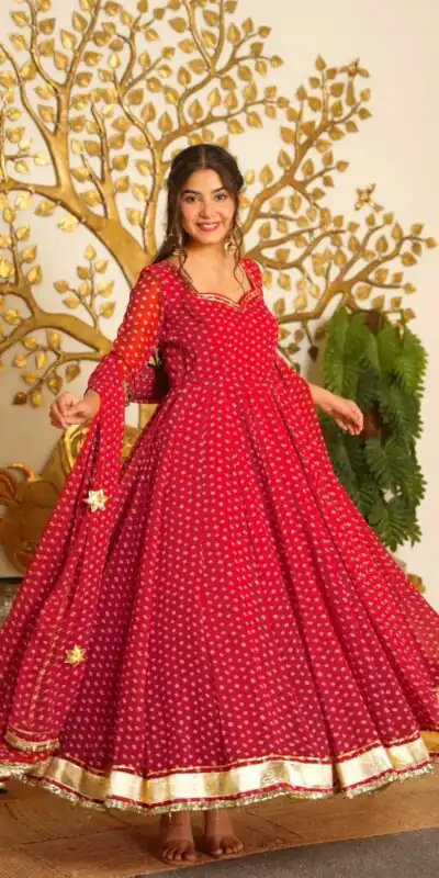 KD 1637 Red in Colour Faux Georgette Bandhani Print Work Gown. Available at ₹1999 only. Delivery 4-6 Working Days. Shop now. | Bollywood Gowns, Creative Gowns, Designer Gowns, Embroidered Gowns, Gowns, Party Wear Gowns
