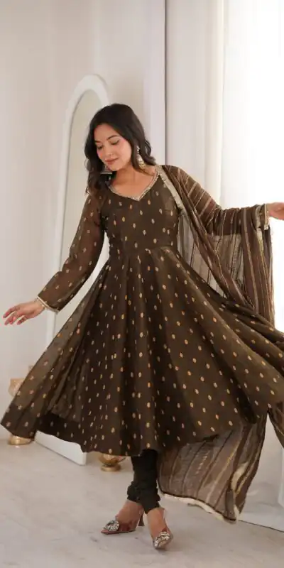 ZF 5021 Brown in Crunchy Silk Embroidery Work & Lace Work Gown . Special Price ₹2099. Delivery 4-6 Working Days. Shop now. | Bollywood Gowns, Creative Gowns, Designer Gowns, Embroidered Gowns, Gowns, Party Wear Gowns