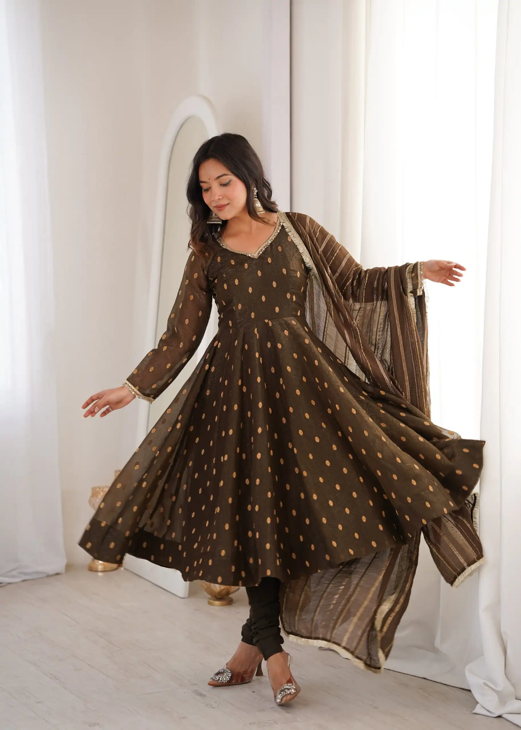 ZF 5021 Brown in Crunchy Silk Embroidery Work & Lace Work Gown . Special Price ₹2099. Delivery 4-6 Working Days. Shop now. | Bollywood Gowns, Creative Gowns, Designer Gowns, Embroidered Gowns, Gowns, Party Wear Gowns