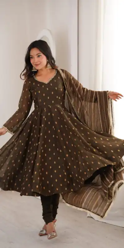 ZF 5021 Brown in Crunchy Silk Embroidery Work & Lace Work Gown . Special Price ₹2099. Delivery 4-6 Working Days. Shop now. | Bollywood Gowns, Creative Gowns, Designer Gowns, Embroidered Gowns, Gowns, Party Wear Gowns