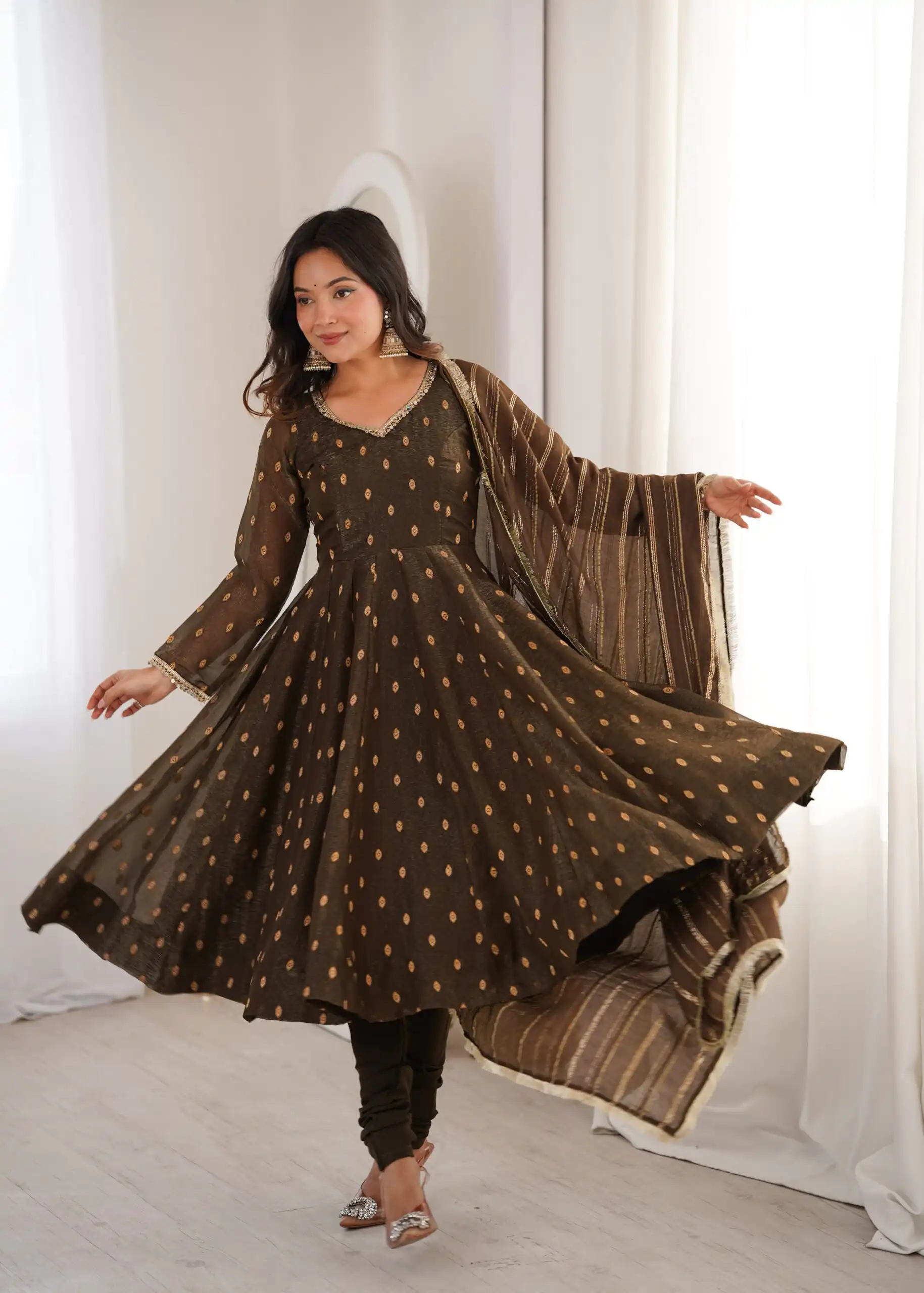 ZF 5021 Brown in Crunchy Silk Embroidery Work & Lace Work Gown . Special Price ₹2099. Delivery 4-6 Working Days. Shop now. | Bollywood Gowns, Creative Gowns, Designer Gowns, Embroidered Gowns, Gowns, Party Wear Gowns