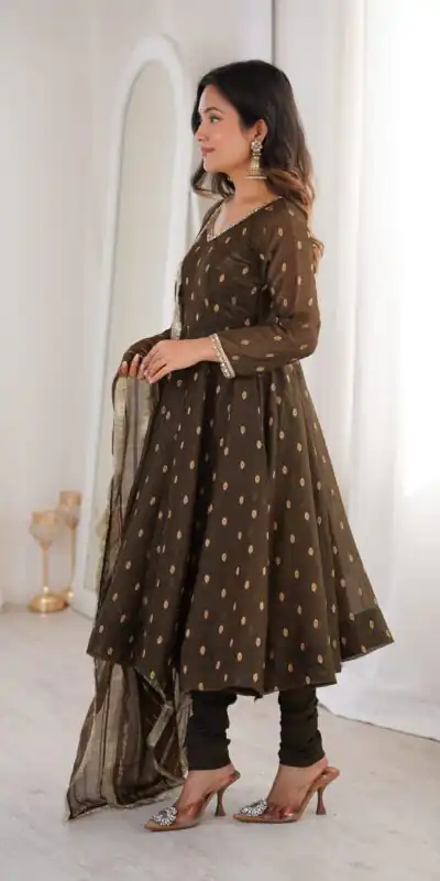 ZF 5021 Brown in Crunchy Silk Embroidery Work & Lace Work Gown . Special Price ₹2099. Delivery 4-6 Working Days. Shop now. | Bollywood Gowns, Creative Gowns, Designer Gowns, Embroidered Gowns, Gowns, Party Wear Gowns