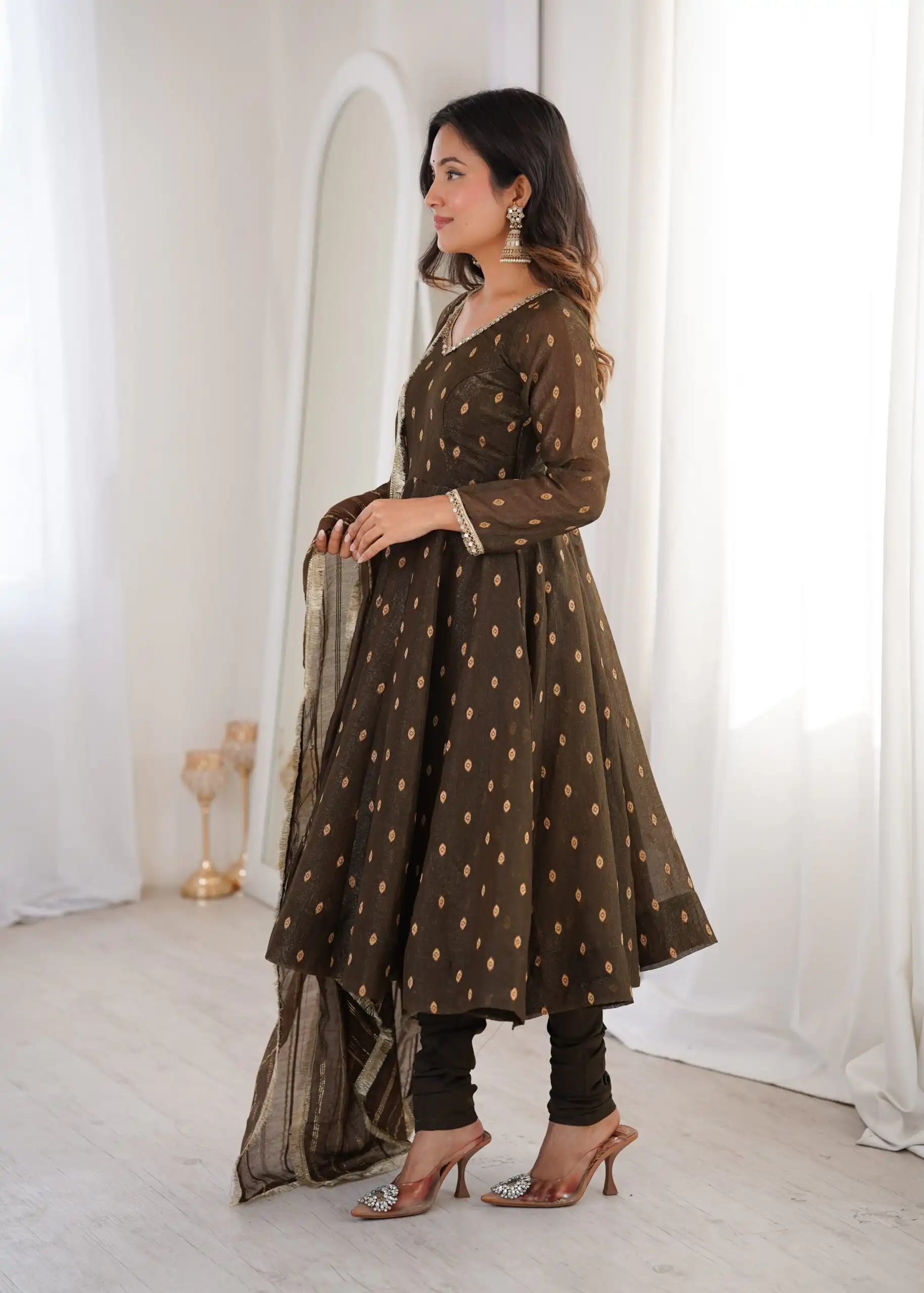 ZF 5021 Brown in Crunchy Silk Embroidery Work & Lace Work Gown . Special Price ₹2099. Delivery 4-6 Working Days. Shop now. | Bollywood Gowns, Creative Gowns, Designer Gowns, Embroidered Gowns, Gowns, Party Wear Gowns