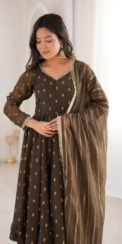 ZF 5021 Brown in Crunchy Silk Embroidery Work & Lace Work Gown . Special Price ₹2099. Delivery 4-6 Working Days. Shop now. | Bollywood Gowns, Creative Gowns, Designer Gowns, Embroidered Gowns, Gowns, Party Wear Gowns