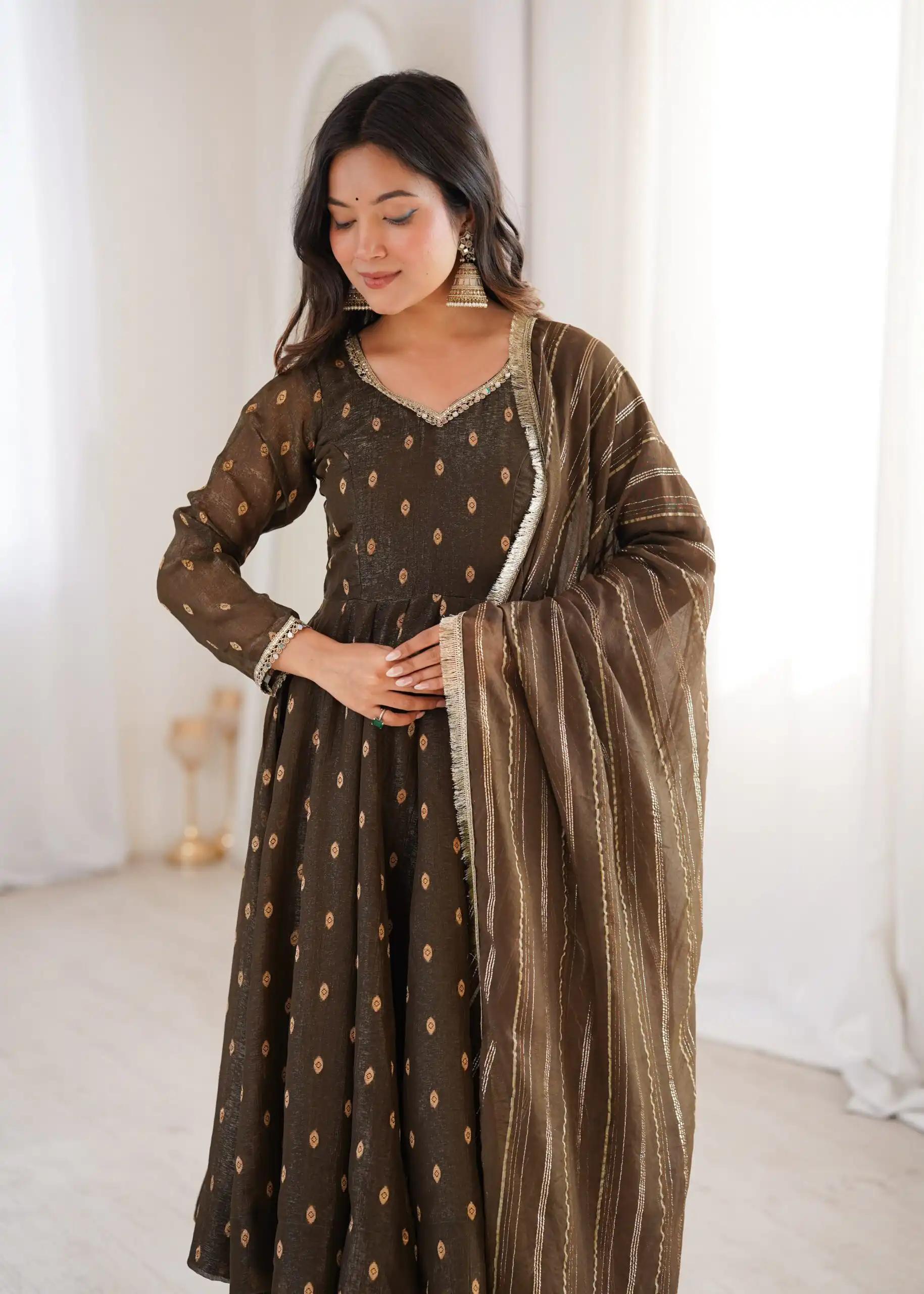ZF 5021 Brown in Crunchy Silk Embroidery Work & Lace Work Gown . Special Price ₹2099. Delivery 4-6 Working Days. Shop now. | Bollywood Gowns, Creative Gowns, Designer Gowns, Embroidered Gowns, Gowns, Party Wear Gowns