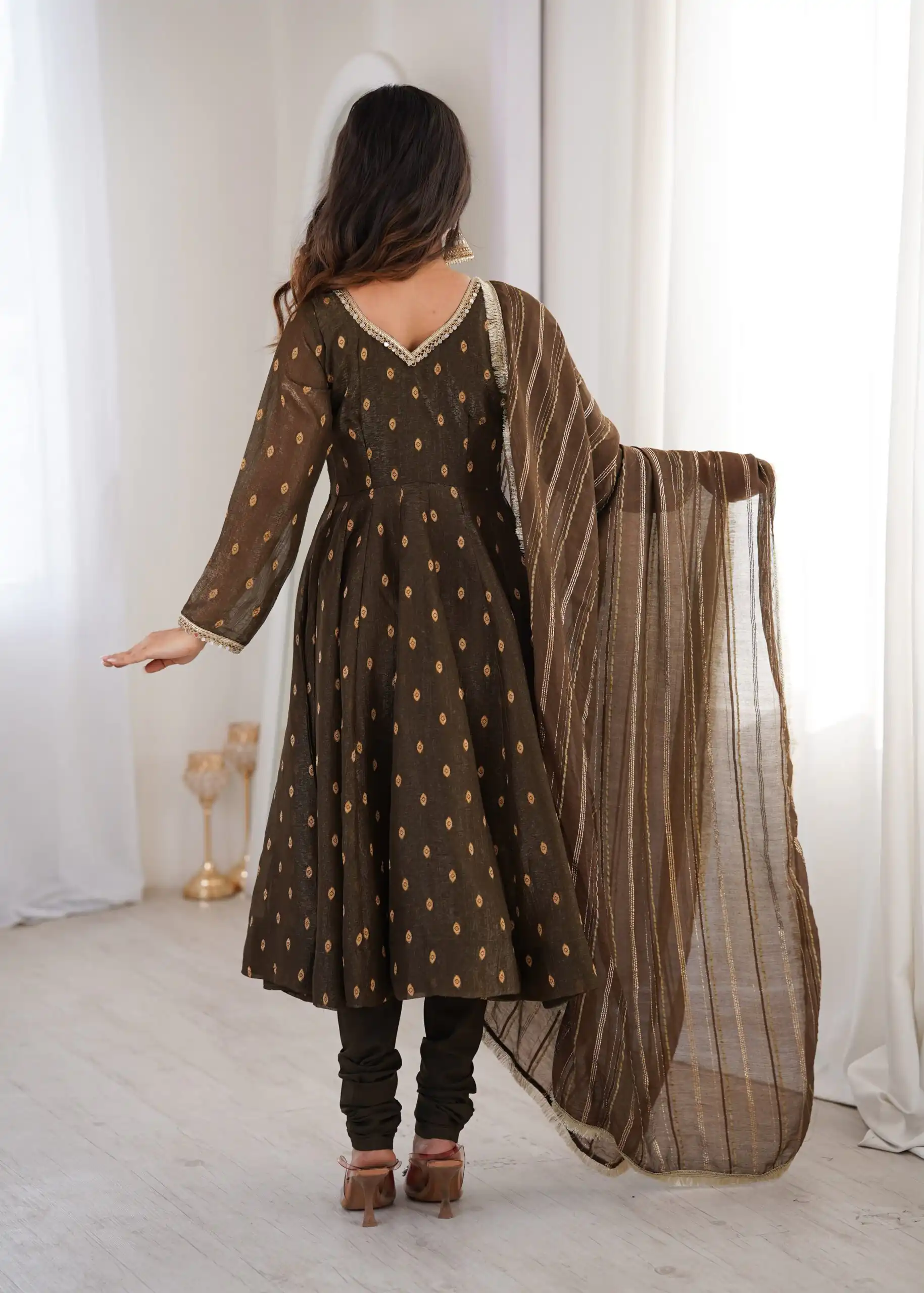 ZF 5021 Brown in Crunchy Silk Embroidery Work & Lace Work Gown . Special Price ₹2099. Delivery 4-6 Working Days. Shop now. | Bollywood Gowns, Creative Gowns, Designer Gowns, Embroidered Gowns, Gowns, Party Wear Gowns