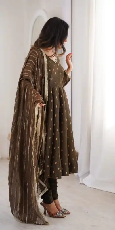 ZF 5021 Brown in Crunchy Silk Embroidery Work & Lace Work Gown . Special Price ₹2099. Delivery 4-6 Working Days. Shop now. | Bollywood Gowns, Creative Gowns, Designer Gowns, Embroidered Gowns, Gowns, Party Wear Gowns