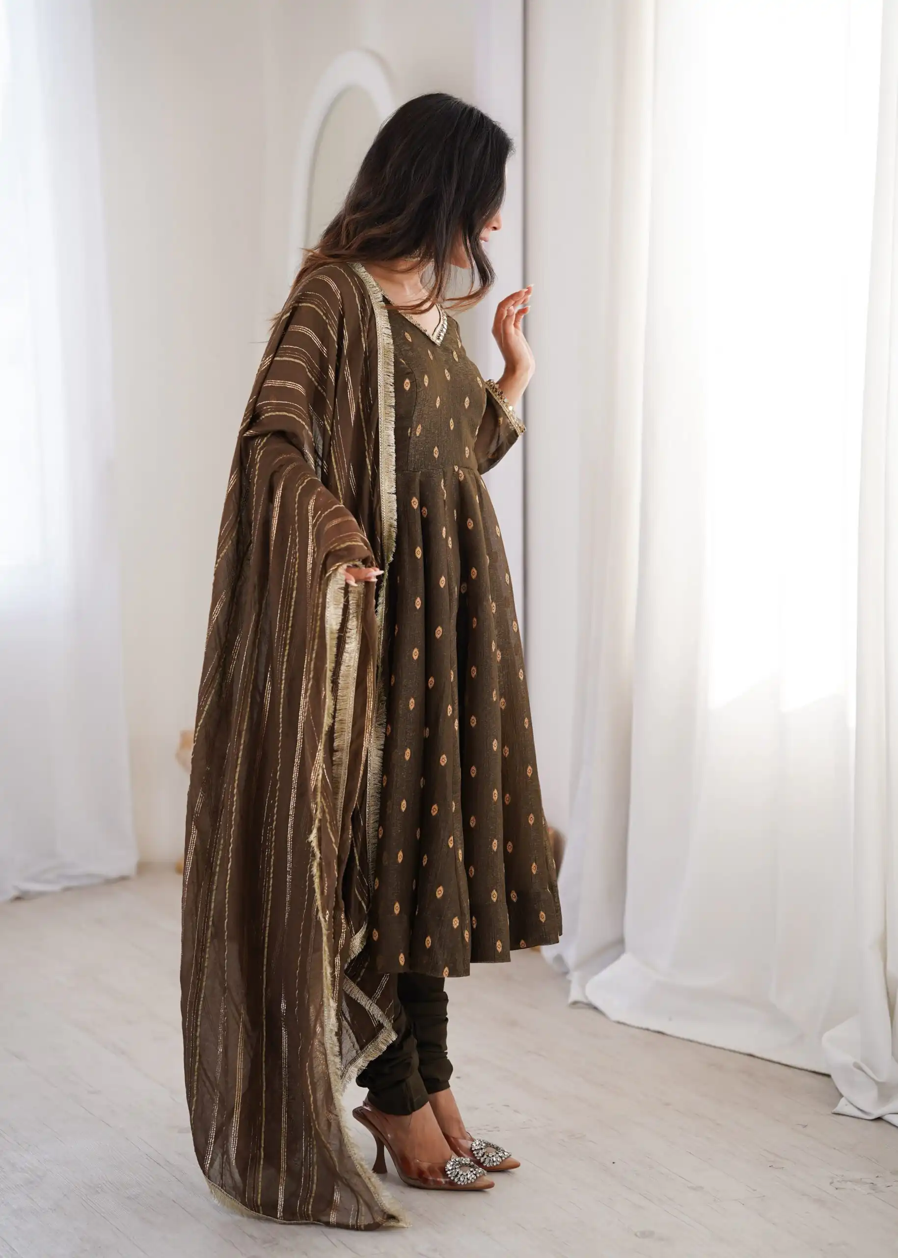 ZF 5021 Brown in Crunchy Silk Embroidery Work & Lace Work Gown . Special Price ₹2099. Delivery 4-6 Working Days. Shop now. | Bollywood Gowns, Creative Gowns, Designer Gowns, Embroidered Gowns, Gowns, Party Wear Gowns