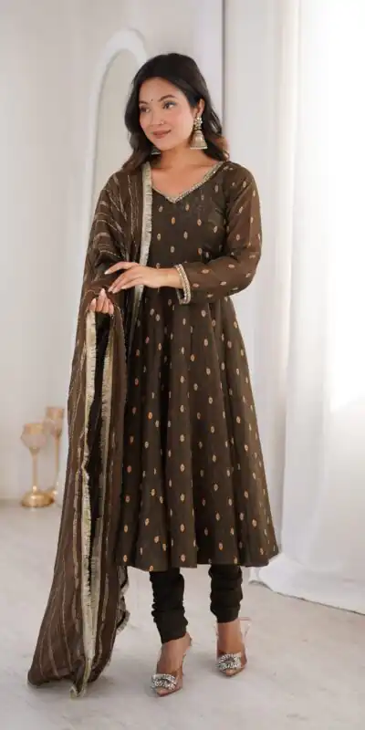 ZF 5021 Brown in Crunchy Silk Embroidery Work & Lace Work Gown . Special Price ₹2099. Delivery 4-6 Working Days. Shop now. | Bollywood Gowns, Creative Gowns, Designer Gowns, Embroidered Gowns, Gowns, Party Wear Gowns