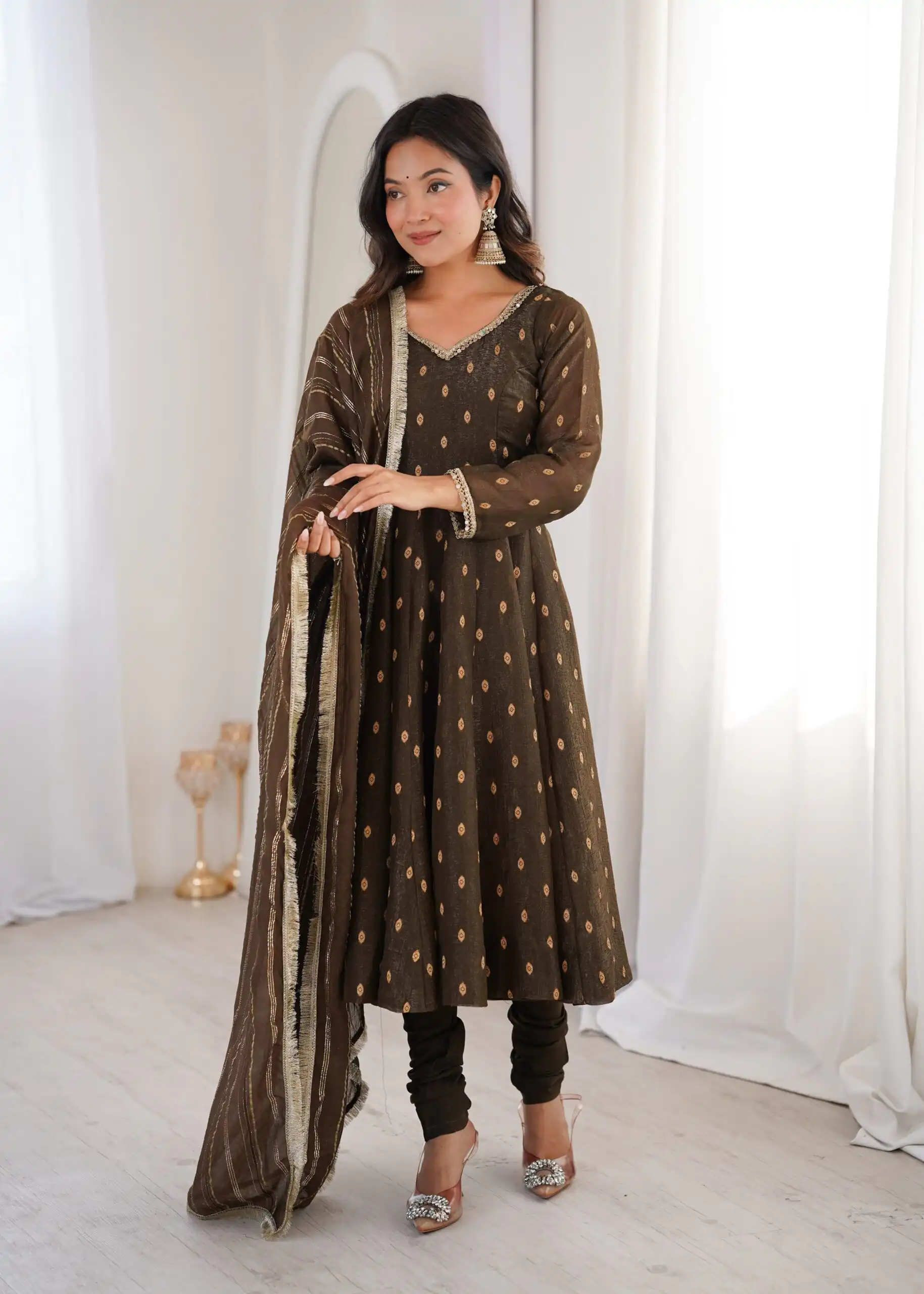 ZF 5021 Brown in Crunchy Silk Embroidery Work & Lace Work Gown . Special Price ₹2099. Delivery 4-6 Working Days. Shop now. | Bollywood Gowns, Creative Gowns, Designer Gowns, Embroidered Gowns, Gowns, Party Wear Gowns