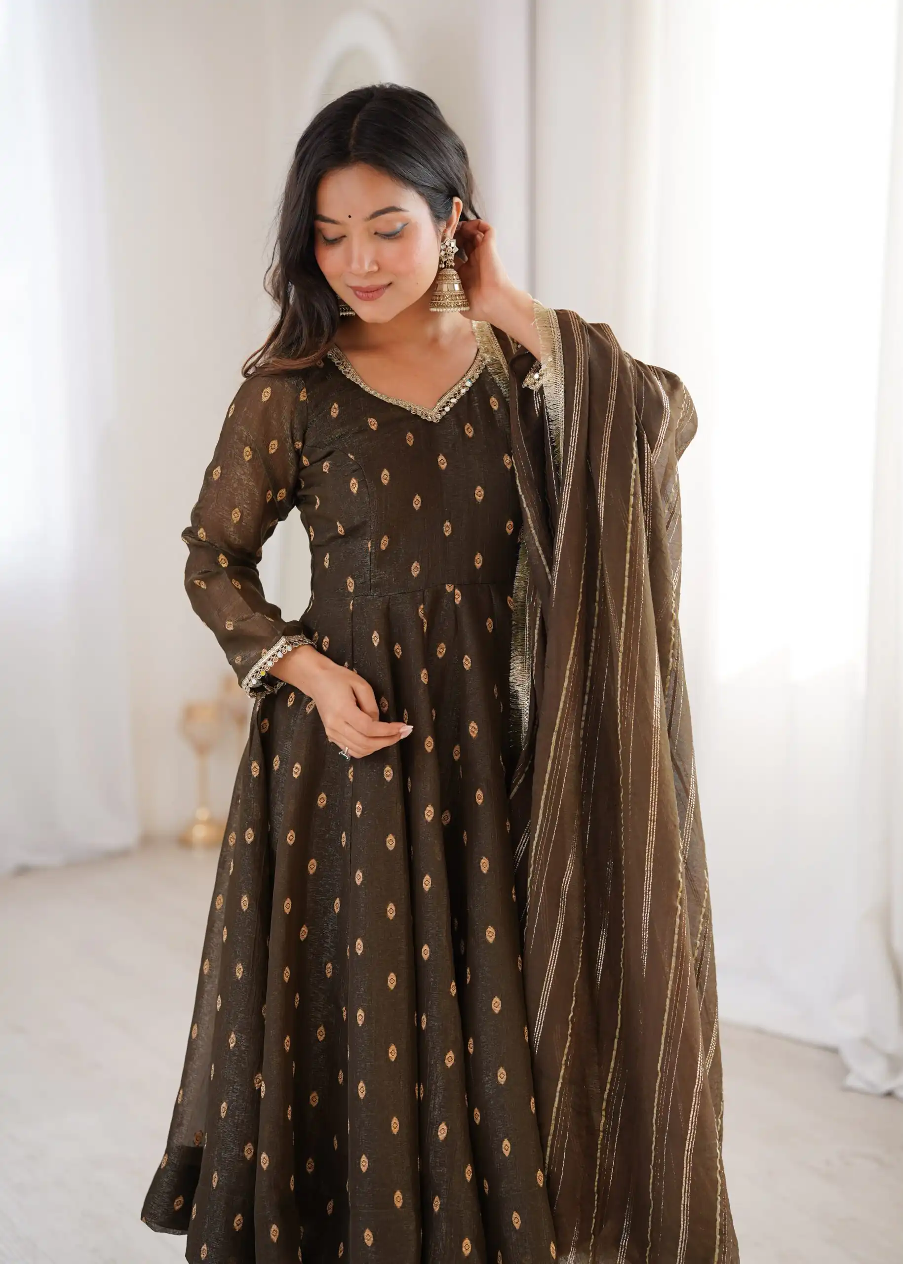 ZF 5021 Brown in Crunchy Silk Embroidery Work & Lace Work Gown . Special Price ₹2099. Delivery 4-6 Working Days. Shop now. | Bollywood Gowns, Creative Gowns, Designer Gowns, Embroidered Gowns, Gowns, Party Wear Gowns