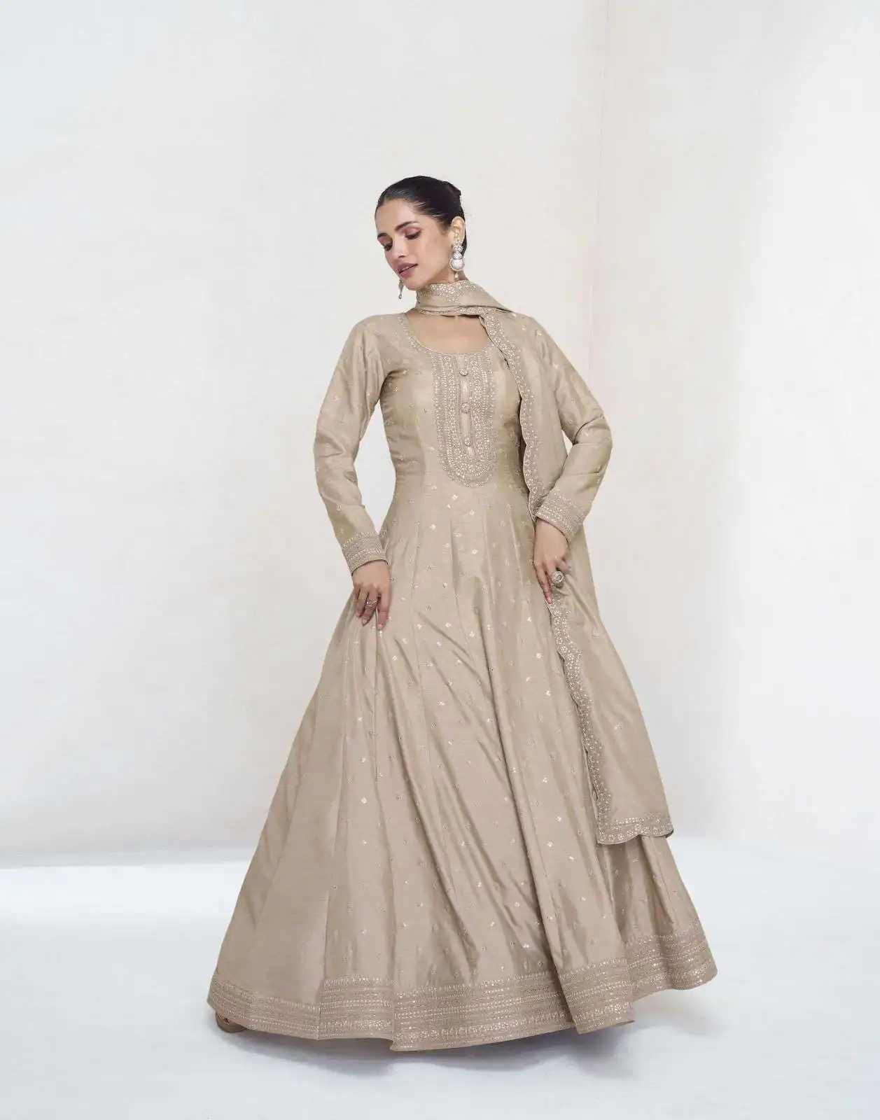 FC 10011 Cream Vichitra Silk Gown Perfect for Wedding, Party, Holi, Anniversary, Mehendi –. Grab it for ₹2649. Delivery 4-6 Working Days. Shop now. | Bollywood Gowns, Creative Gowns, Designer Gowns, Embroidered Gowns, Gowns, Party Wear Gowns
