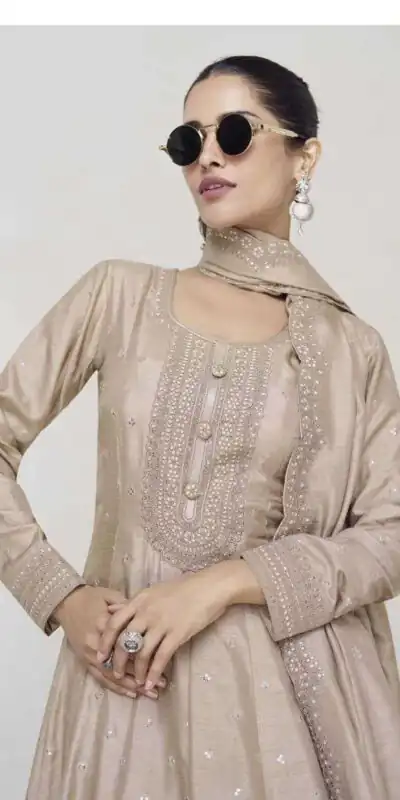 FC 10011 Cream Vichitra Silk Gown Perfect for Wedding, Party, Holi, Anniversary, Mehendi –. Grab it for ₹2649. Delivery 4-6 Working Days. Shop now. | Bollywood Gowns, Creative Gowns, Designer Gowns, Embroidered Gowns, Gowns, Party Wear Gowns