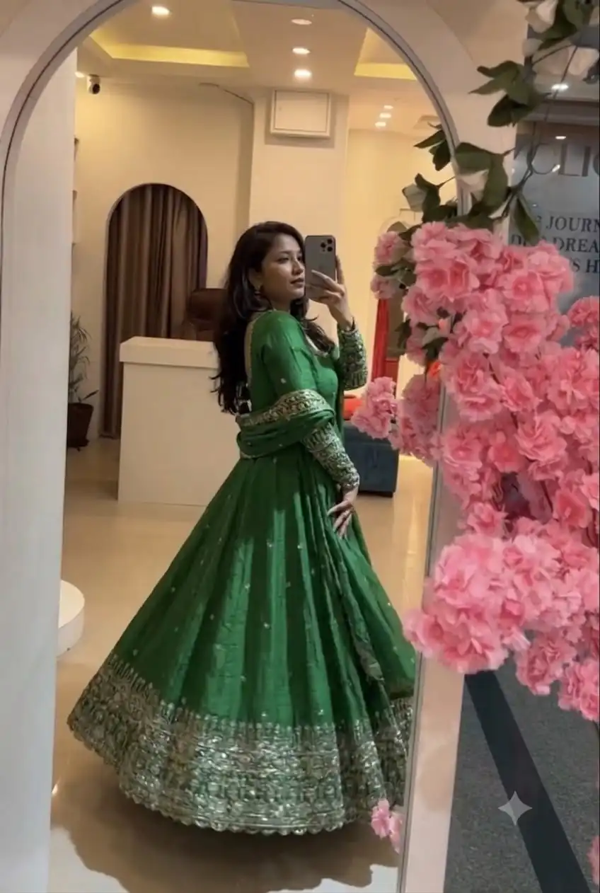SSR 544 Green in Crunchy Silk Embroidery Work & Lace Work Gown . Special Price ₹2399. Delivery 4-6 Working Days. Shop now. | Bollywood Gowns, Creative Gowns, Designer Gowns, Embroidered Gowns, Gowns, Party Wear Gowns