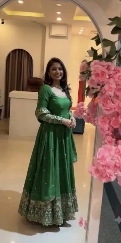 SSR 544 Green in Crunchy Silk Embroidery Work & Lace Work Gown . Special Price ₹2399. Delivery 4-6 Working Days. Shop now. | Bollywood Gowns, Creative Gowns, Designer Gowns, Embroidered Gowns, Gowns, Party Wear Gowns