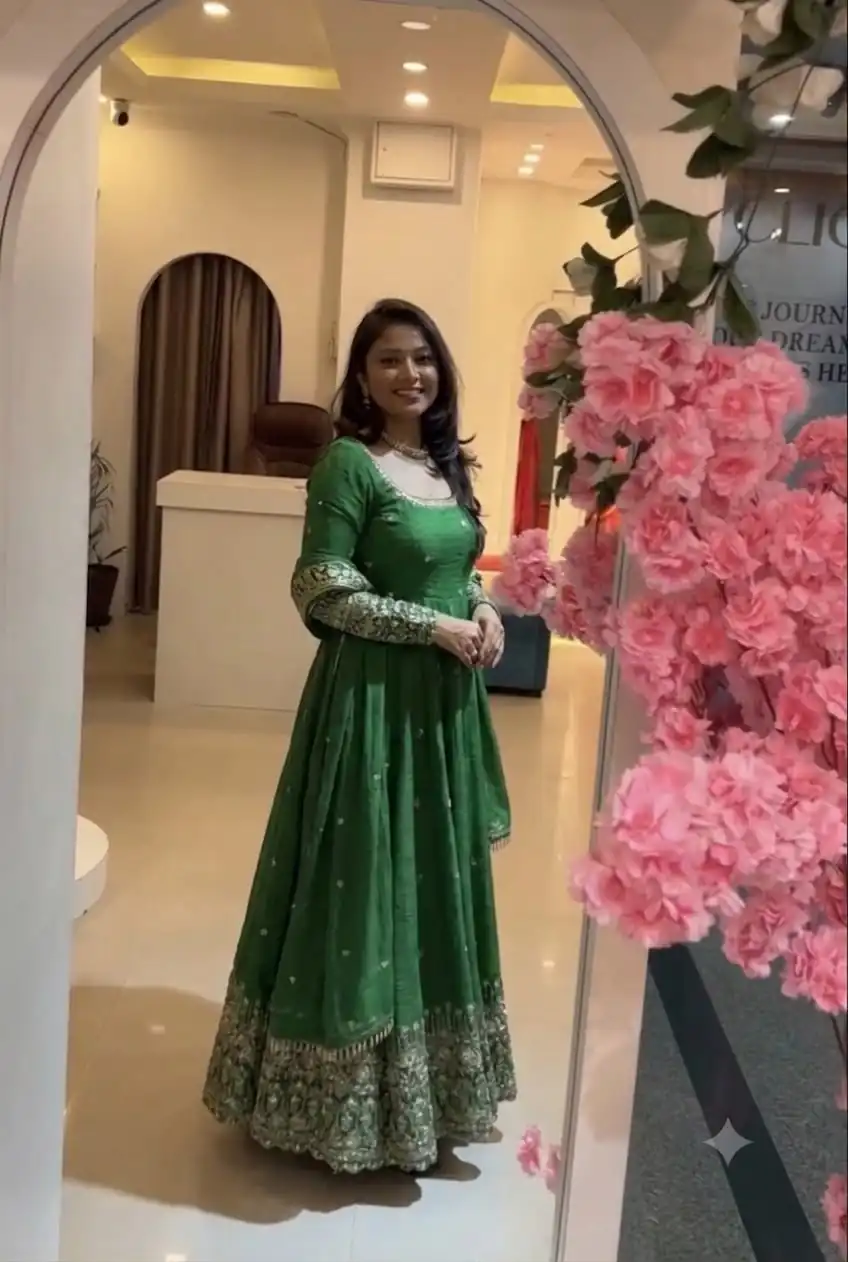 SSR 544 Green in Crunchy Silk Embroidery Work & Lace Work Gown . Special Price ₹2399. Delivery 4-6 Working Days. Shop now. | Bollywood Gowns, Creative Gowns, Designer Gowns, Embroidered Gowns, Gowns, Party Wear Gowns
