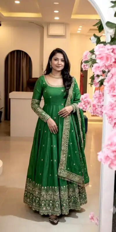 SSR 544 Green in Crunchy Silk Embroidery Work & Lace Work Gown . Special Price ₹2399. Delivery 4-6 Working Days. Shop now. | Bollywood Gowns, Creative Gowns, Designer Gowns, Embroidered Gowns, Gowns, Party Wear Gowns