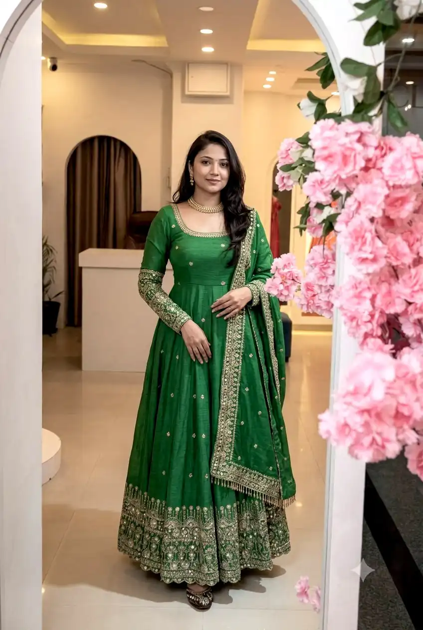 SSR 544 Green in Crunchy Silk Embroidery Work & Lace Work Gown . Special Price ₹2399. Delivery 4-6 Working Days. Shop now. | Bollywood Gowns, Creative Gowns, Designer Gowns, Embroidered Gowns, Gowns, Party Wear Gowns