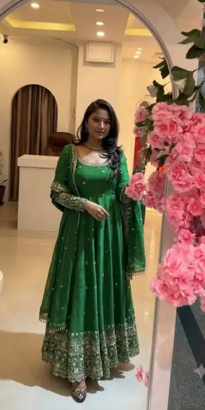 SSR 544 Green in Crunchy Silk Embroidery Work & Lace Work Gown . Special Price ₹2399. Delivery 4-6 Working Days. Shop now. | Bollywood Gowns, Creative Gowns, Designer Gowns, Embroidered Gowns, Gowns, Party Wear Gowns