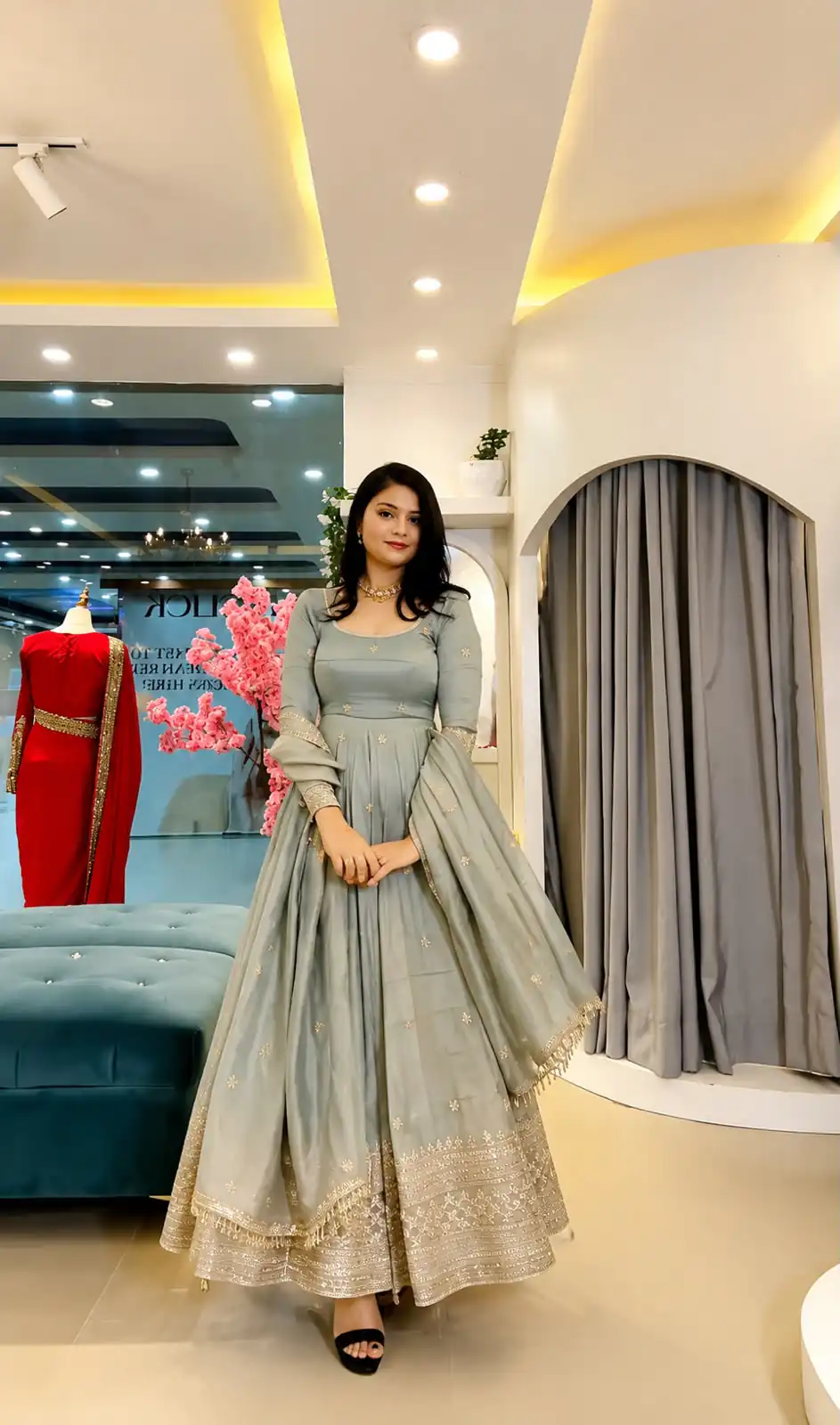 SSR 547 Grey in Crunchy Silk Embroidery Work & Lace Work Gown . Special Price ₹2399. Delivery 4-6 Working Days. Shop now. | Bollywood Gowns, Creative Gowns, Designer Gowns, Embroidered Gowns, Gowns, Party Wear Gowns