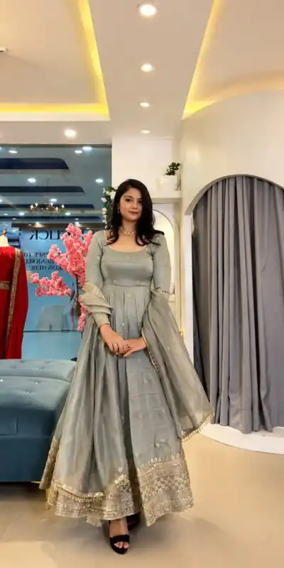 SSR 547 Grey in Crunchy Silk Embroidery Work & Lace Work Gown . Special Price ₹2399. Delivery 4-6 Working Days. Shop now. | Bollywood Gowns, Creative Gowns, Designer Gowns, Embroidered Gowns, Gowns, Party Wear Gowns