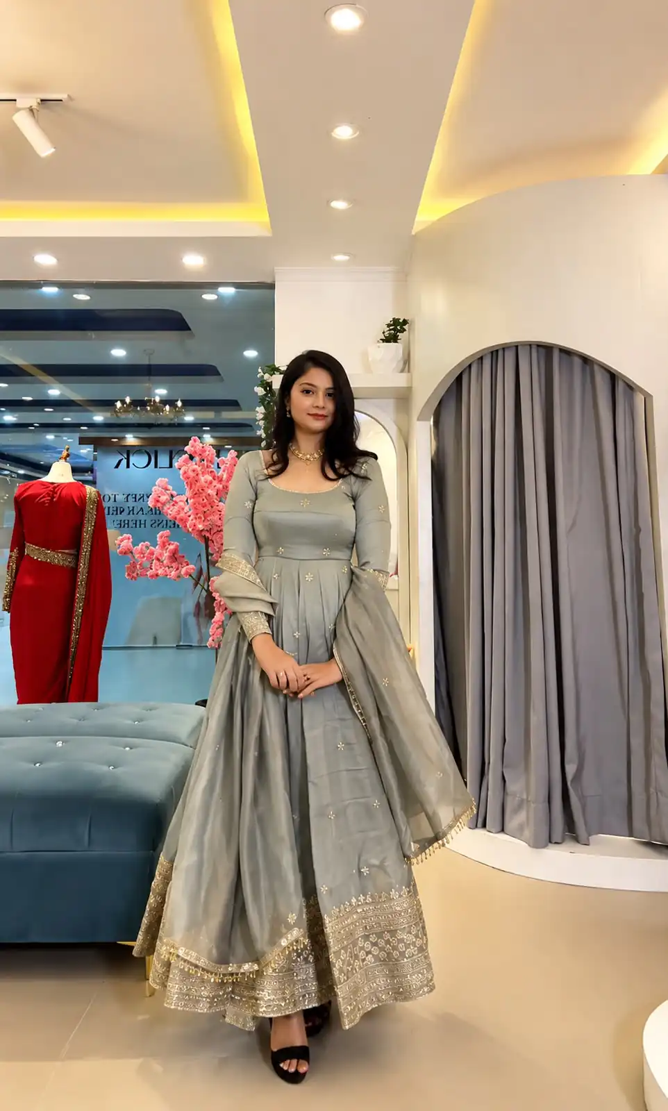SSR 547 Grey in Crunchy Silk Embroidery Work & Lace Work Gown . Special Price ₹2399. Delivery 4-6 Working Days. Shop now. | Bollywood Gowns, Creative Gowns, Designer Gowns, Embroidered Gowns, Gowns, Party Wear Gowns