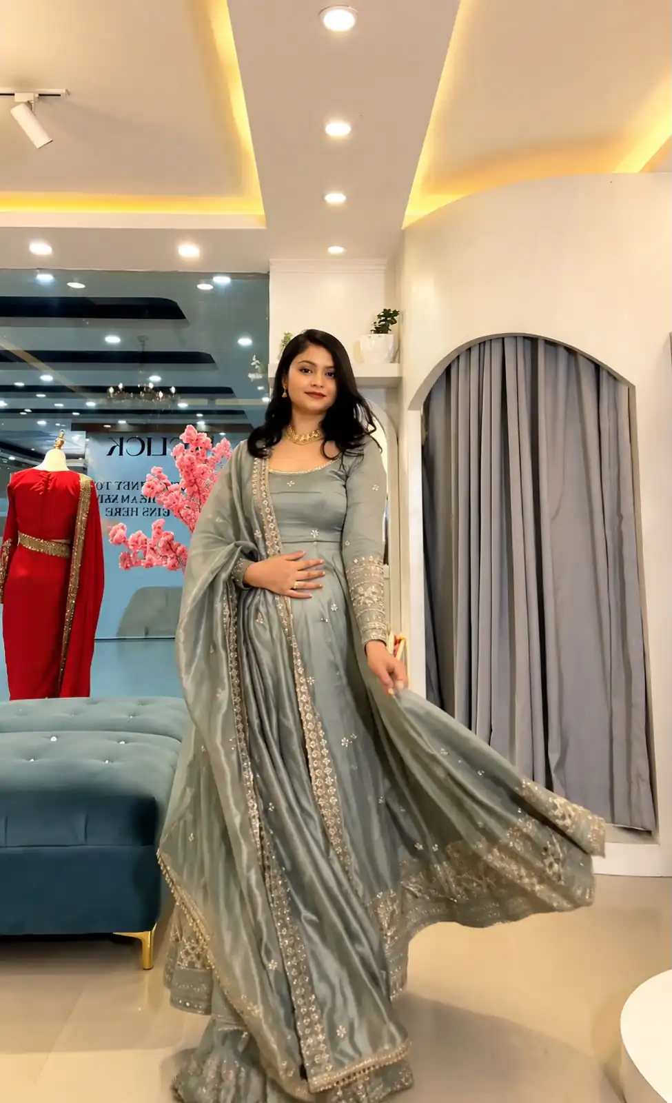 SSR 547 Grey in Crunchy Silk Embroidery Work & Lace Work Gown . Special Price ₹2399. Delivery 4-6 Working Days. Shop now. | Bollywood Gowns, Creative Gowns, Designer Gowns, Embroidered Gowns, Gowns, Party Wear Gowns
