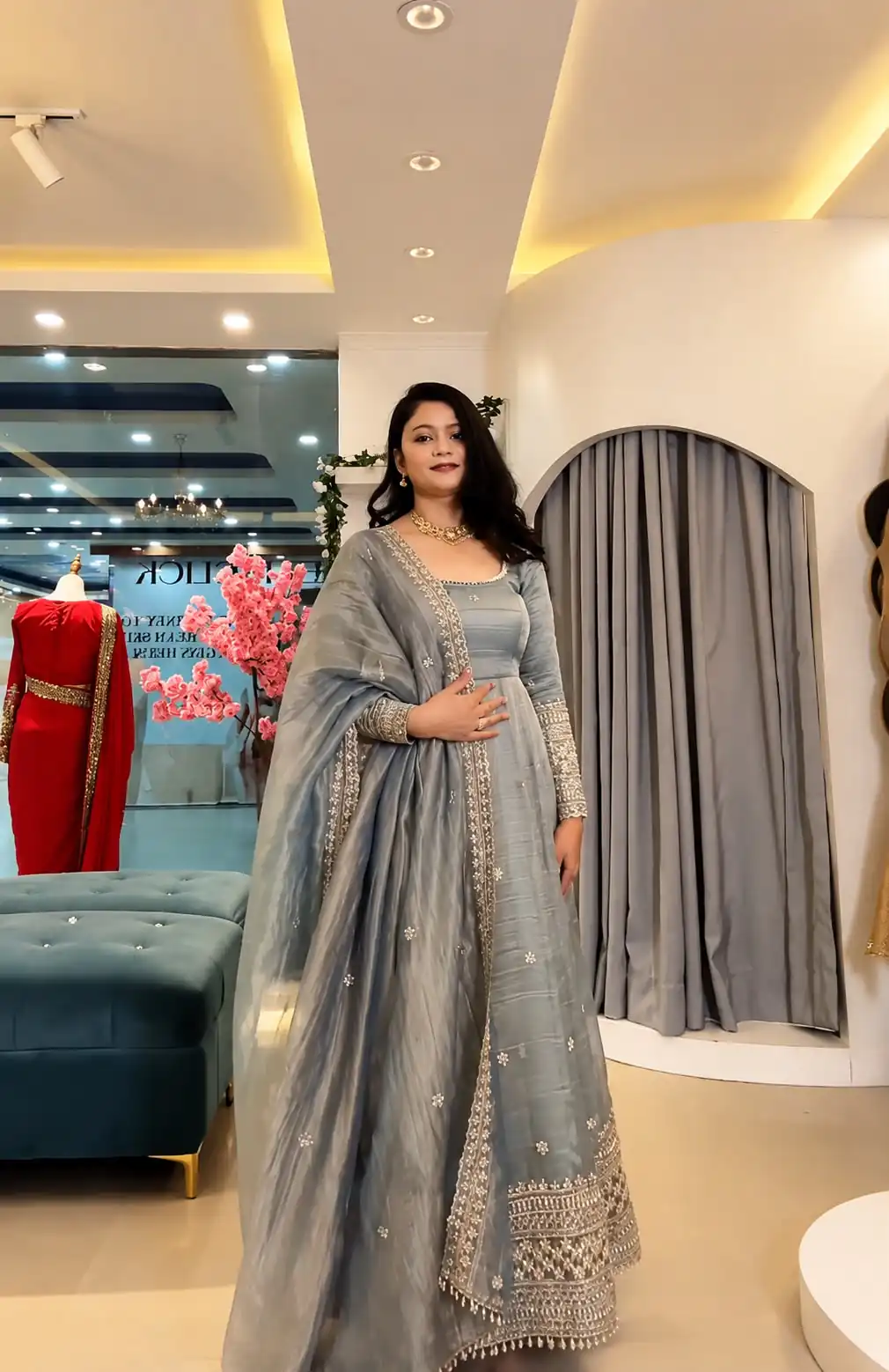 SSR 547 Grey in Crunchy Silk Embroidery Work & Lace Work Gown . Special Price ₹2399. Delivery 4-6 Working Days. Shop now. | Bollywood Gowns, Creative Gowns, Designer Gowns, Embroidered Gowns, Gowns, Party Wear Gowns