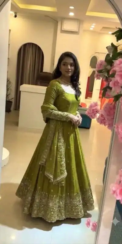 SSR 544 Lime Yellow in Crunchy Silk Embroidery Work & Lace Work Gown . Special Price ₹2399. Delivery 4-6 Working Days. Shop now. | Bollywood Gowns, Creative Gowns, Designer Gowns, Embroidered Gowns, Gowns, Party Wear Gowns