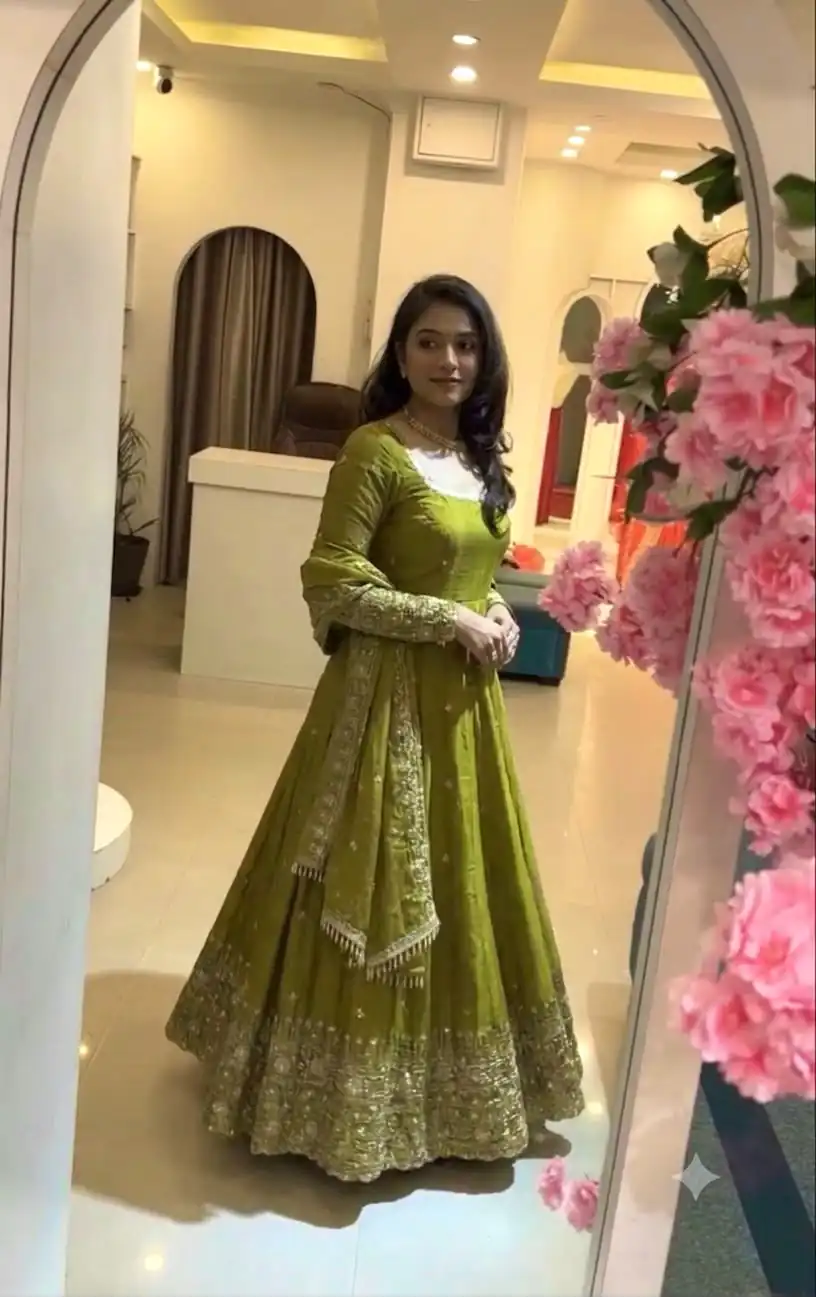 SSR 544 Lime Yellow in Crunchy Silk Embroidery Work & Lace Work Gown . Special Price ₹2399. Delivery 4-6 Working Days. Shop now. | Bollywood Gowns, Creative Gowns, Designer Gowns, Embroidered Gowns, Gowns, Party Wear Gowns