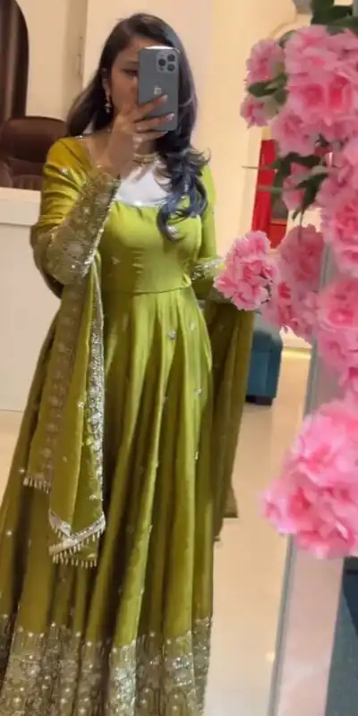 SSR 544 Lime Yellow in Crunchy Silk Embroidery Work & Lace Work Gown . Special Price ₹2399. Delivery 4-6 Working Days. Shop now. | Bollywood Gowns, Creative Gowns, Designer Gowns, Embroidered Gowns, Gowns, Party Wear Gowns