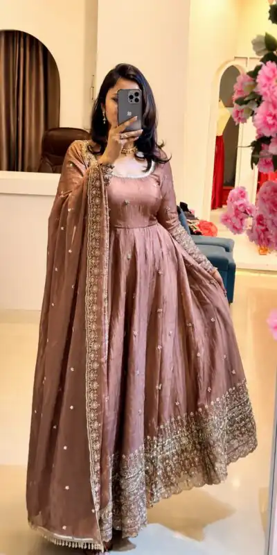 SSR 544 Onion in Crunchy Silk Embroidery Work & Lace Work Gown . Special Price ₹2399. Delivery 4-6 Working Days. Shop now. | Bollywood Gowns, Creative Gowns, Designer Gowns, Embroidered Gowns, Gowns, Party Wear Gowns