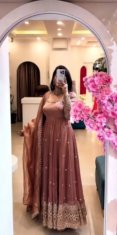 SSR 547 Peach in Crunchy Silk Embroidery Work & Lace Work Gown . Special Price ₹2399. Delivery 4-6 Working Days. Shop now. | Bollywood Gowns, Creative Gowns, Designer Gowns, Embroidered Gowns, Gowns, Party Wear Gowns