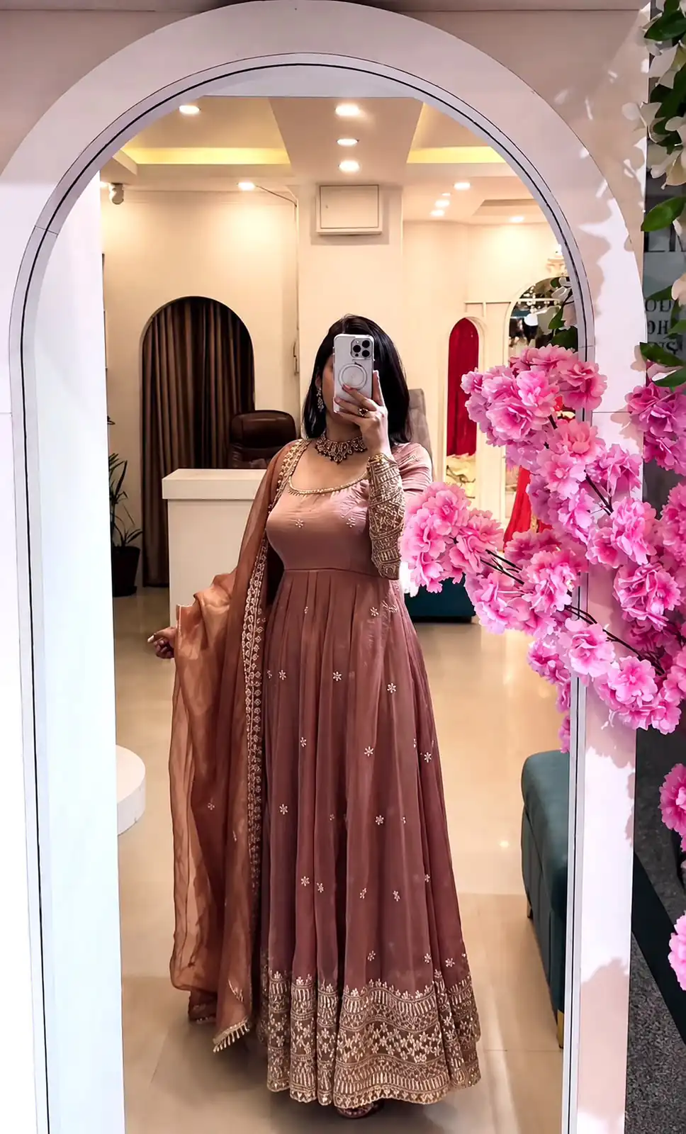 SSR 547 Peach in Crunchy Silk Embroidery Work & Lace Work Gown . Special Price ₹2399. Delivery 4-6 Working Days. Shop now. | Bollywood Gowns, Creative Gowns, Designer Gowns, Embroidered Gowns, Gowns, Party Wear Gowns