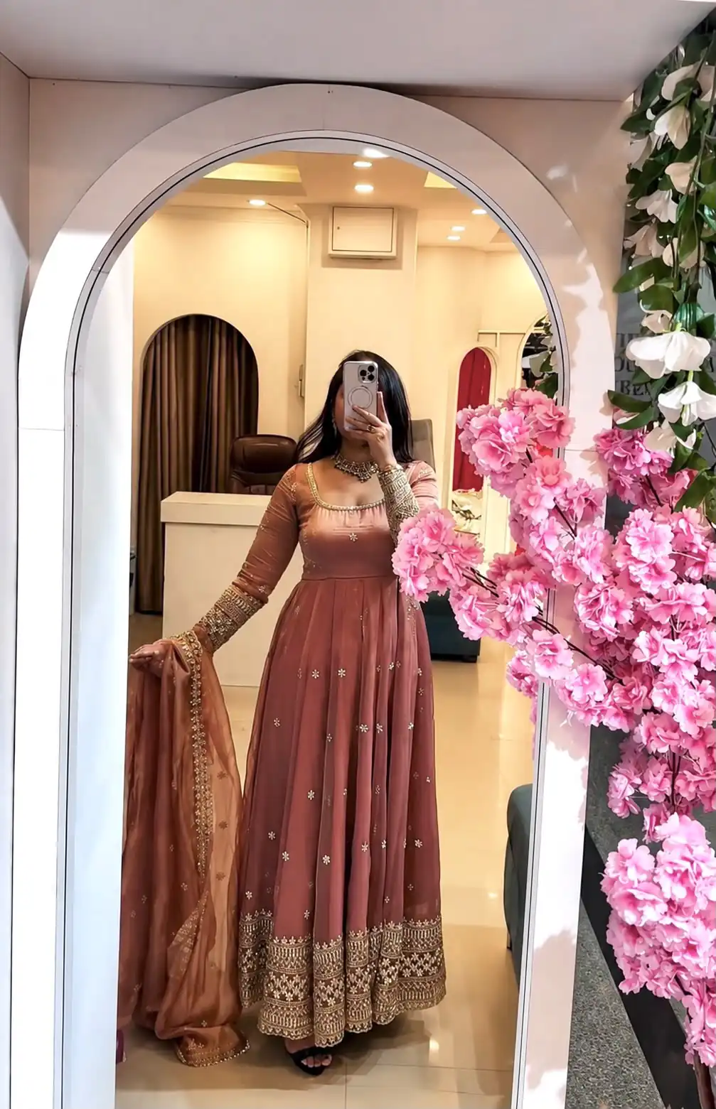 SSR 547 Peach in Crunchy Silk Embroidery Work & Lace Work Gown . Special Price ₹2399. Delivery 4-6 Working Days. Shop now. | Bollywood Gowns, Creative Gowns, Designer Gowns, Embroidered Gowns, Gowns, Party Wear Gowns