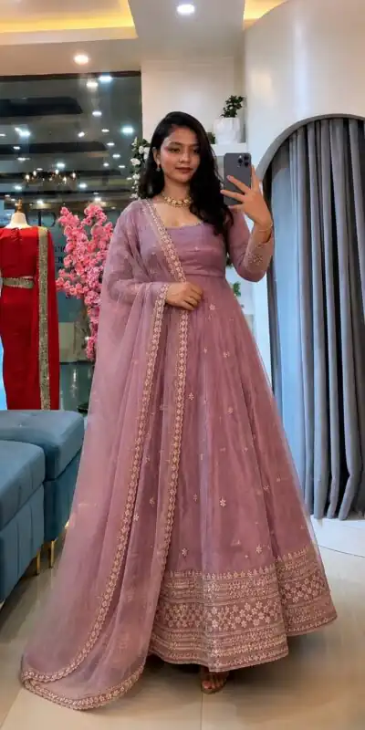 SSR 547 Pink in Crunchy Silk Embroidery Work & Lace Work Gown . Special Price ₹2399. Delivery 4-6 Working Days. Shop now. | Bollywood Gowns, Creative Gowns, Designer Gowns, Embroidered Gowns, Gowns, Party Wear Gowns