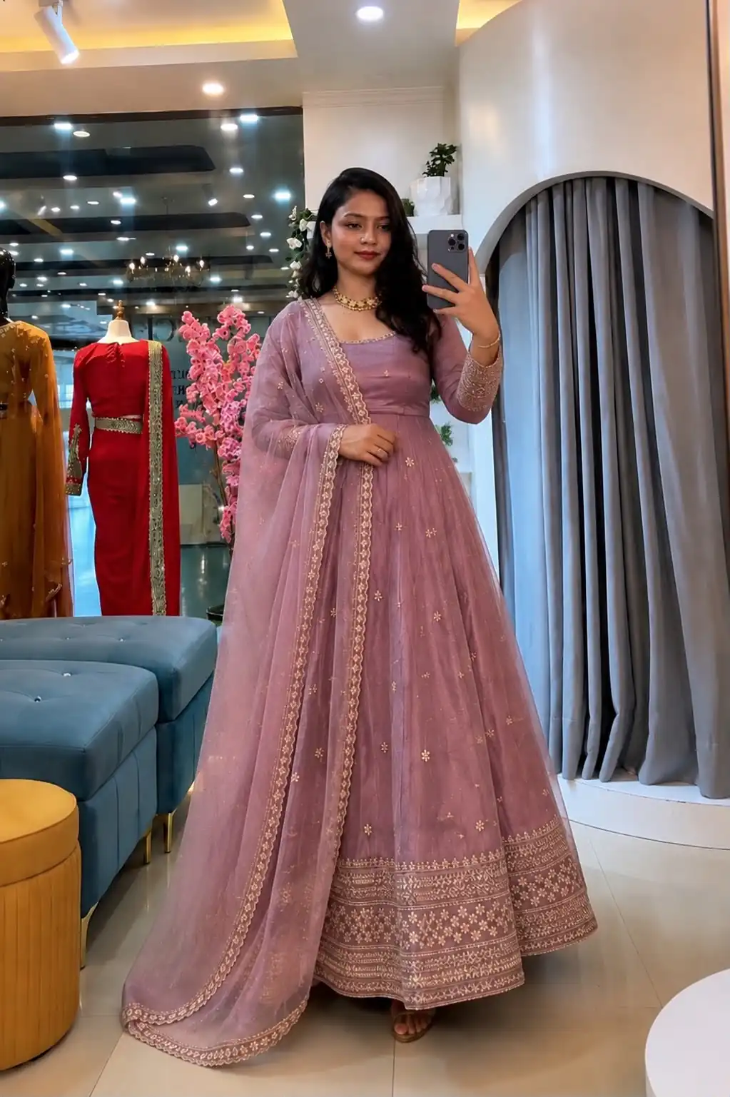 SSR 547 Pink in Crunchy Silk Embroidery Work & Lace Work Gown . Special Price ₹2399. Delivery 4-6 Working Days. Shop now. | Bollywood Gowns, Creative Gowns, Designer Gowns, Embroidered Gowns, Gowns, Party Wear Gowns