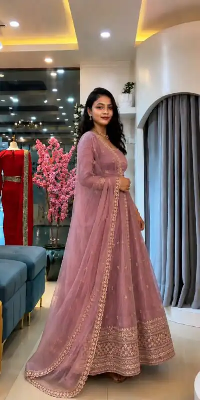 SSR 547 Pink in Crunchy Silk Embroidery Work & Lace Work Gown . Special Price ₹2399. Delivery 4-6 Working Days. Shop now. | Bollywood Gowns, Creative Gowns, Designer Gowns, Embroidered Gowns, Gowns, Party Wear Gowns