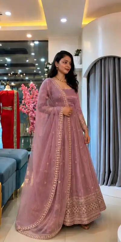 SSR 547 Pink in Crunchy Silk Embroidery Work & Lace Work Gown . Special Price ₹2399. Delivery 4-6 Working Days. Shop now. | Bollywood Gowns, Creative Gowns, Designer Gowns, Embroidered Gowns, Gowns, Party Wear Gowns