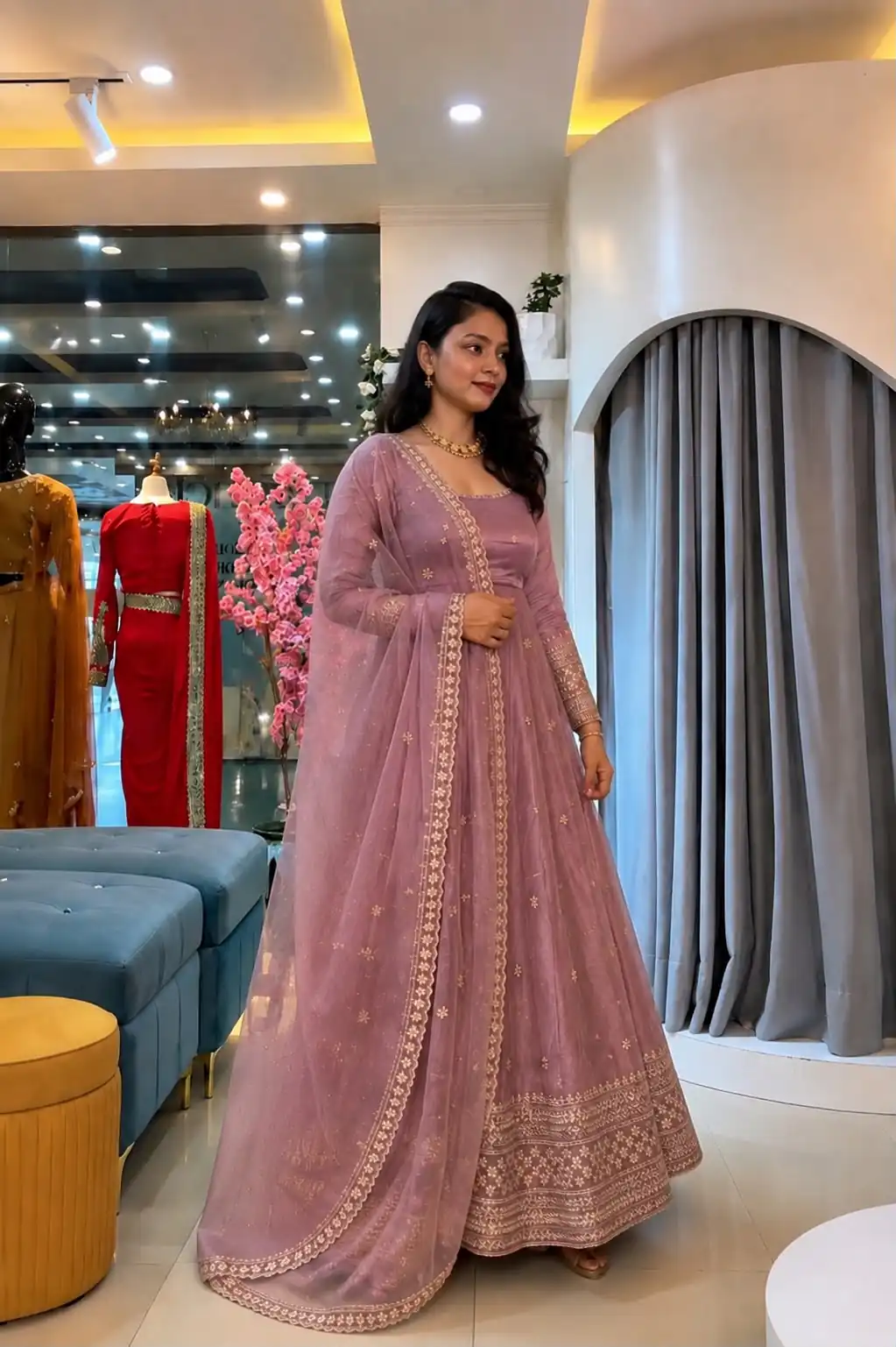 SSR 547 Pink in Crunchy Silk Embroidery Work & Lace Work Gown . Special Price ₹2399. Delivery 4-6 Working Days. Shop now. | Bollywood Gowns, Creative Gowns, Designer Gowns, Embroidered Gowns, Gowns, Party Wear Gowns