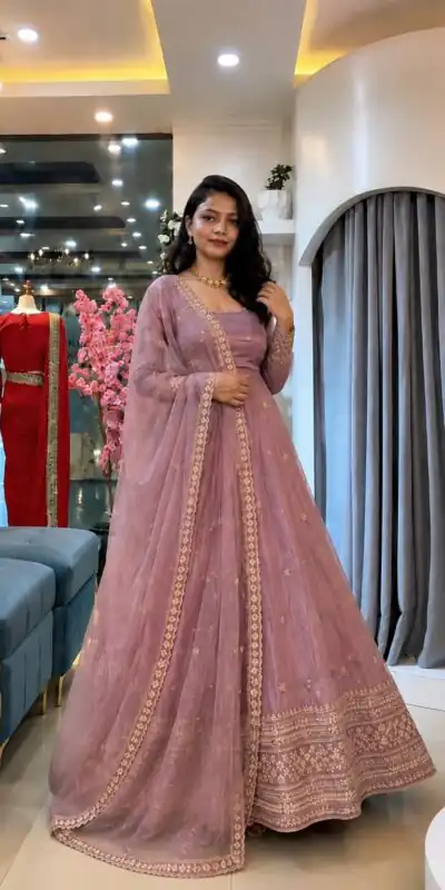 SSR 547 Pink in Crunchy Silk Embroidery Work & Lace Work Gown . Special Price ₹2399. Delivery 4-6 Working Days. Shop now. | Bollywood Gowns, Creative Gowns, Designer Gowns, Embroidered Gowns, Gowns, Party Wear Gowns