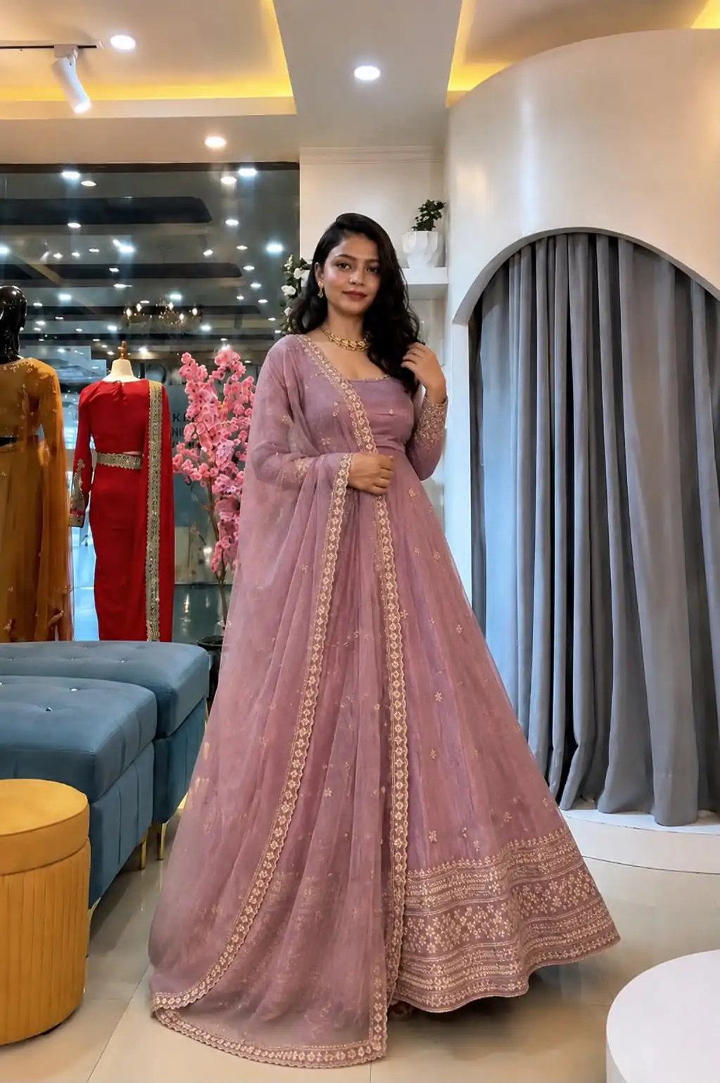 SSR 547 Pink in Crunchy Silk Embroidery Work & Lace Work Gown . Special Price ₹2399. Delivery 4-6 Working Days. Shop now. | Bollywood Gowns, Creative Gowns, Designer Gowns, Embroidered Gowns, Gowns, Party Wear Gowns