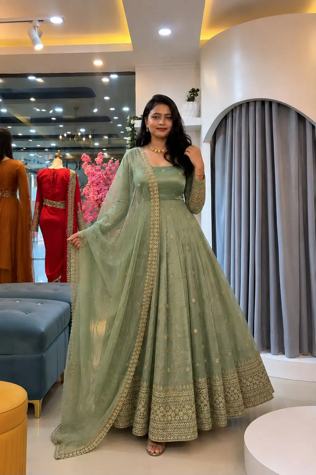 SSR 547 Pista in Crunchy Silk Embroidery Work & Lace Work Gown . Special Price ₹2399. Delivery 4-6 Working Days. Shop now. | Bollywood Gowns, Creative Gowns, Designer Gowns, Embroidered Gowns, Gowns, Party Wear Gowns