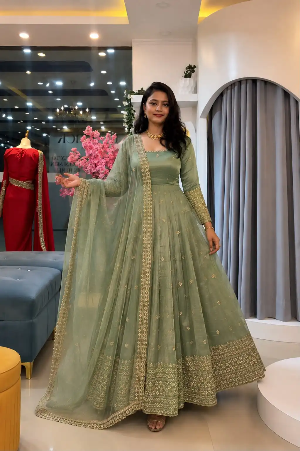 SSR 547 Pista in Crunchy Silk Embroidery Work & Lace Work Gown . Special Price ₹2399. Delivery 4-6 Working Days. Shop now. | Bollywood Gowns, Creative Gowns, Designer Gowns, Embroidered Gowns, Gowns, Party Wear Gowns