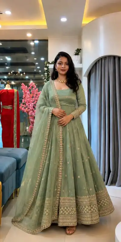 SSR 547 Pista in Crunchy Silk Embroidery Work & Lace Work Gown . Special Price ₹2399. Delivery 4-6 Working Days. Shop now. | Bollywood Gowns, Creative Gowns, Designer Gowns, Embroidered Gowns, Gowns, Party Wear Gowns
