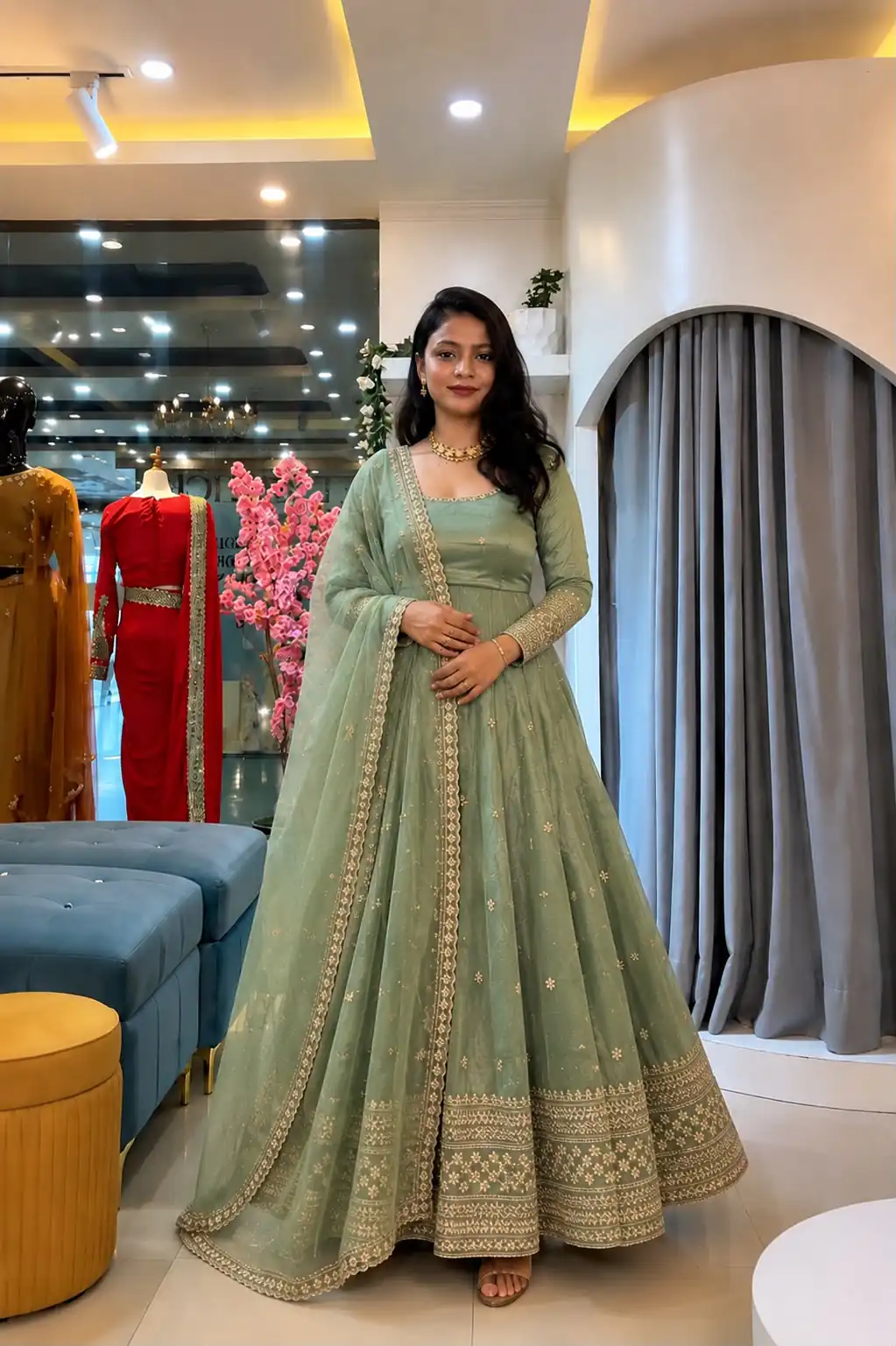 SSR 547 Pista in Crunchy Silk Embroidery Work & Lace Work Gown . Special Price ₹2399. Delivery 4-6 Working Days. Shop now. | Bollywood Gowns, Creative Gowns, Designer Gowns, Embroidered Gowns, Gowns, Party Wear Gowns