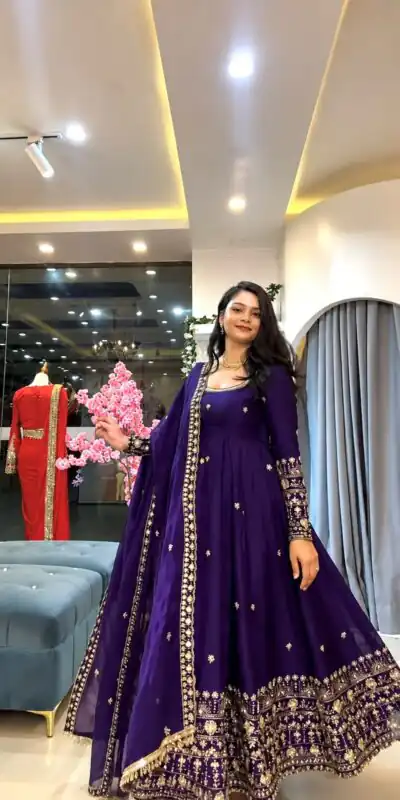 SSR 544 Purple in Crunchy Silk Embroidery Work & Lace Work Gown . Special Price ₹2399. Delivery 4-6 Working Days. Shop now. | Bollywood Gowns, Creative Gowns, Designer Gowns, Embroidered Gowns, Gowns, Party Wear Gowns