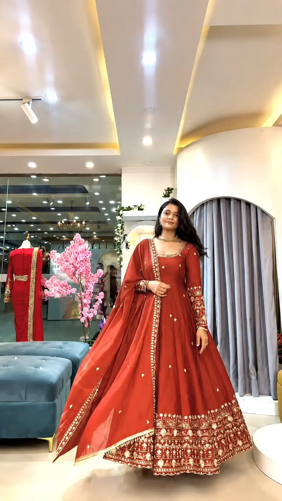 SSR 544 Red Color in Crunchy Silk Embroidery Work & Lace Work Gown . Special Price ₹2399. Delivery 4-6 Working Days. Shop now. | Bollywood Gowns, Creative Gowns, Designer Gowns, Embroidered Gowns, Gowns, Party Wear Gowns