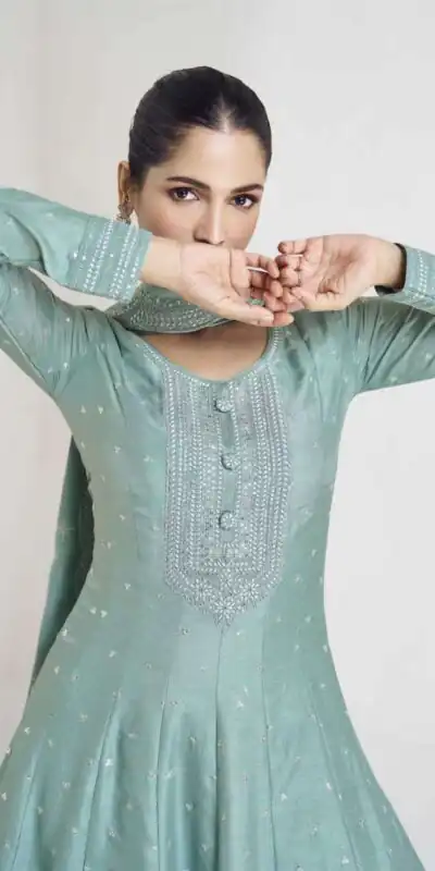 FC 10011 Sky Blue Vichitra Silk Gown Perfect for Wedding, Party, Holi, Anniversary, Mehendi –. Grab it for ₹2649. Delivery 4-6 Working Days. Shop now. | Bollywood Gowns, Creative Gowns, Designer Gowns, Embroidered Gowns, Gowns, Party Wear Gowns