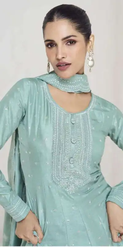 FC 10011 Sky Blue Vichitra Silk Gown Perfect for Wedding, Party, Holi, Anniversary, Mehendi –. Grab it for ₹2649. Delivery 4-6 Working Days. Shop now. | Bollywood Gowns, Creative Gowns, Designer Gowns, Embroidered Gowns, Gowns, Party Wear Gowns